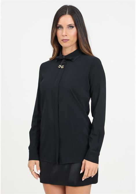 Camicia a manica lunga nera da donna in georgette stretch con fiocco ELISABETTA FRANCHI | CA09747E2110